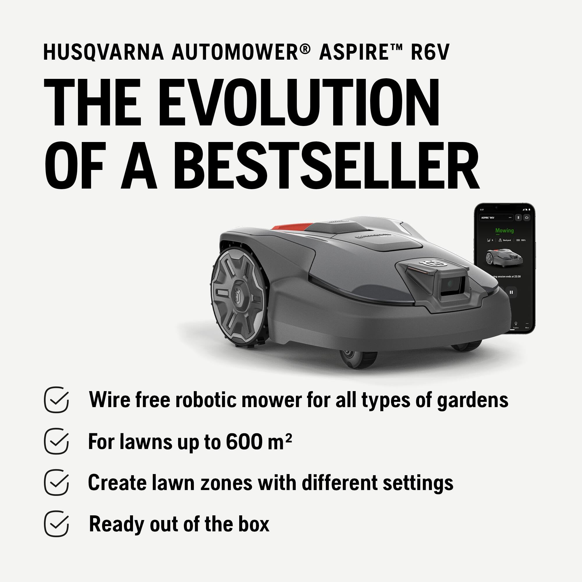 Husqvarna Automower Aspire R6V Robot Lawn Mower – Wire-Free AI Vision, GPS, Wi-Fi App Control, 6,500 sq ft