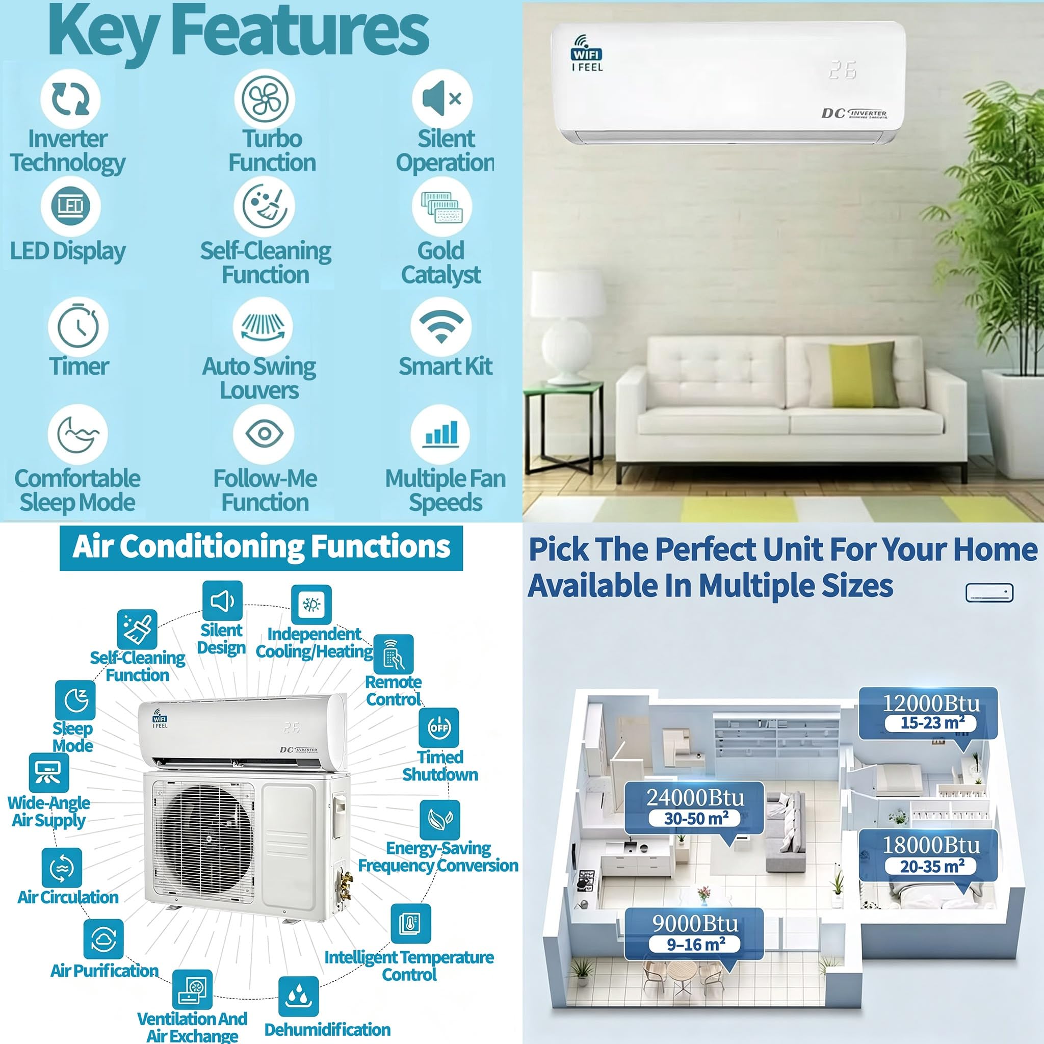 12000 BTU Ductless Mini Split Air Conditioner & Heat Pump – Wi-Fi, 5-in-1 AC, Heater, Dehumidifier, Install Kit