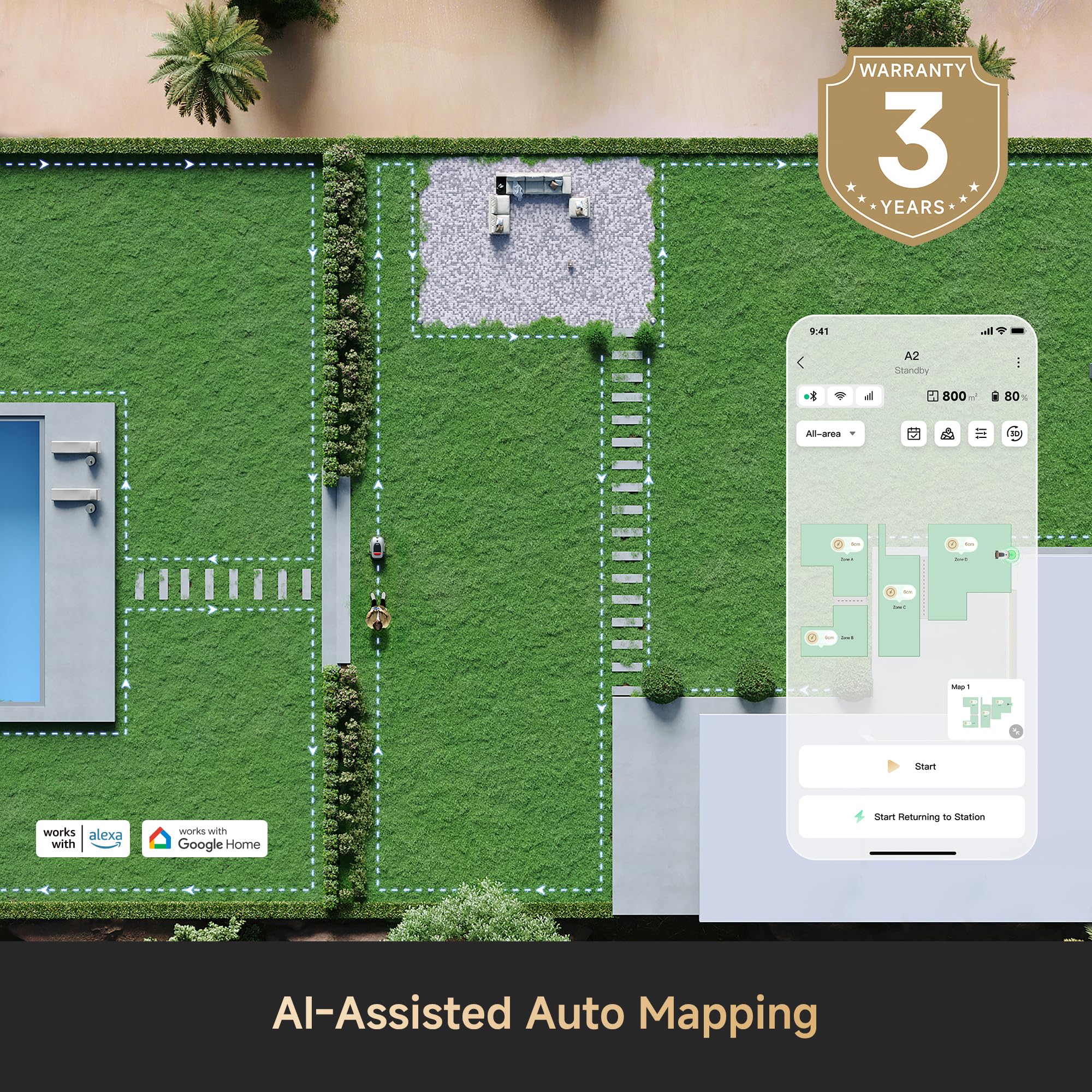 Dreame A2 1200 Robot Lawn Mower – Wire-Free, No RTK Needed, 3D LiDAR + AI Vision, for Lawns up to 0.3 Acre