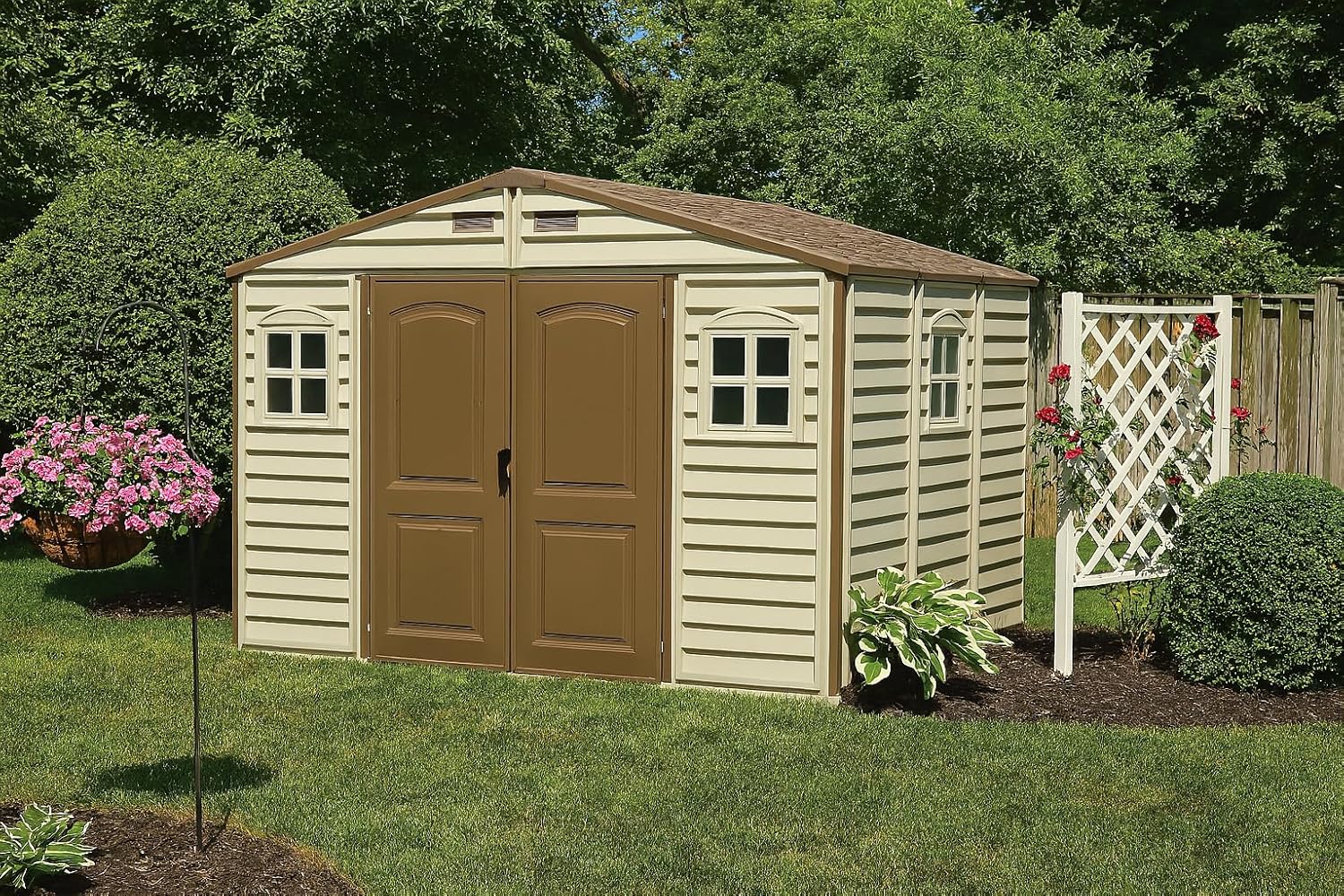10 x 8 ft Outdoor Resin Storage Shed with Double Doors, Windows & Floor Foundation – Plastic Garden Shed