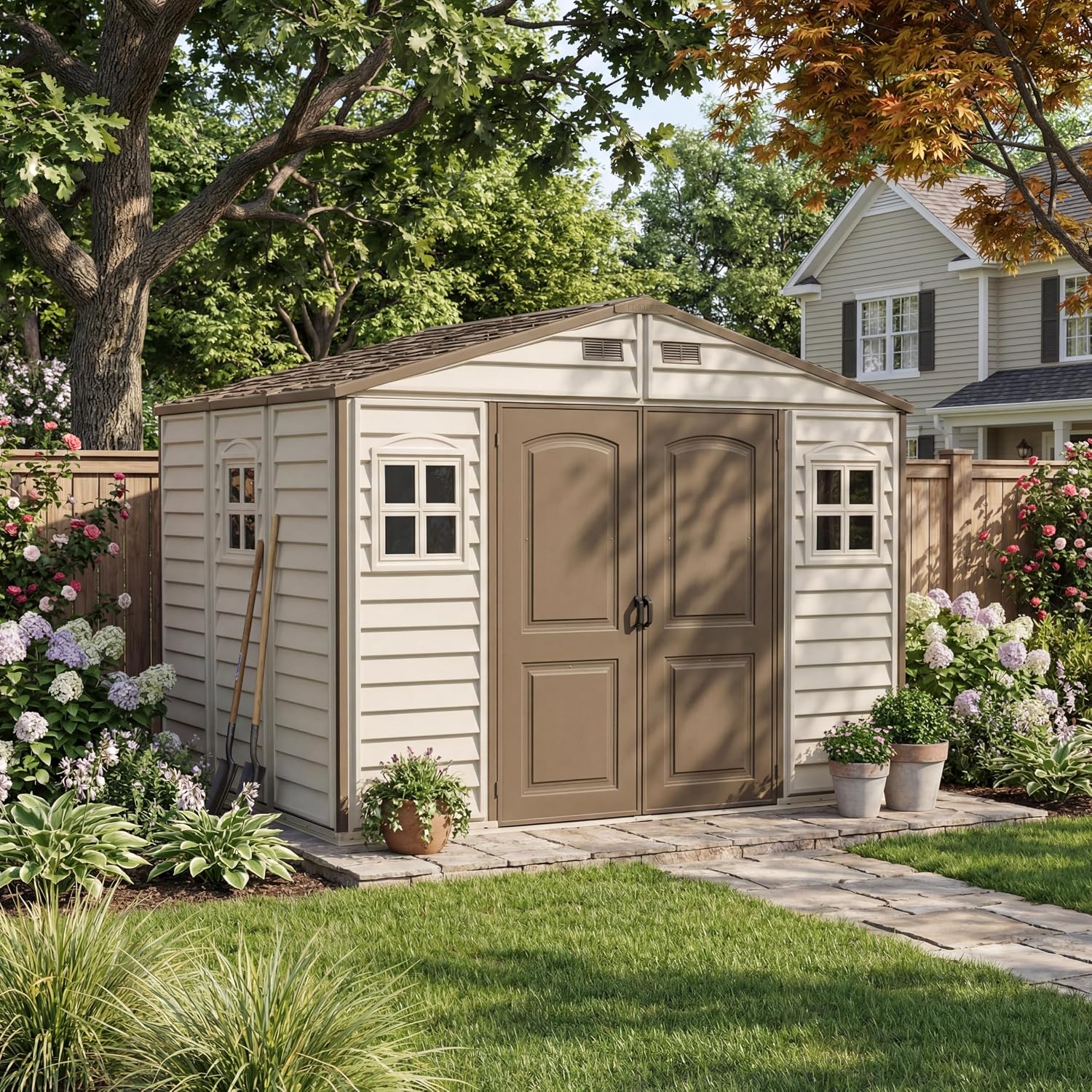 10 x 8 ft Outdoor Resin Storage Shed with Double Doors, Windows & Floor Foundation – Plastic Garden Shed