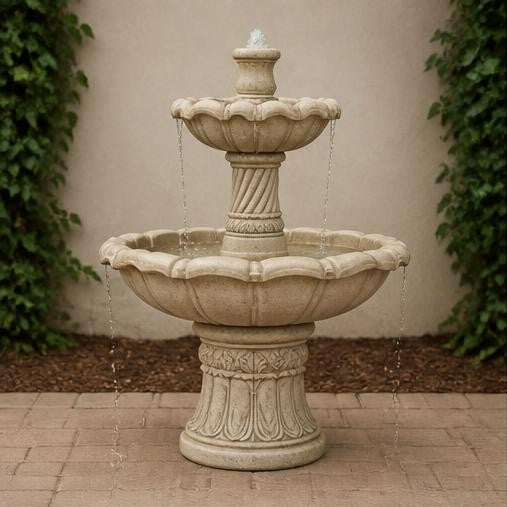 Alora 48 in (122 cm) Two-Tier StoneCast Garden Fountain with Recirculating Pump, Ivory Beige
