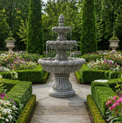 Monaco 42 in (107 cm) Three-Tier StoneCast Garden Fountain with Recirculating Pump, Light Grey