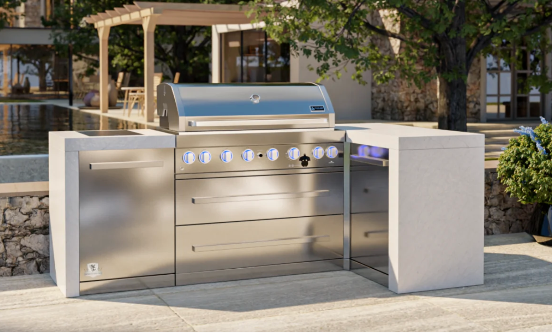 Mont Alpi 805 Deluxe Outdoor Kitchen Island with 90° Corner – 6-Burner Gas BBQ, 94" (MAi805-D90)