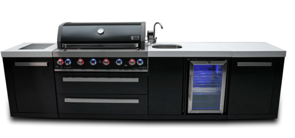 Mont Alpi 805 Black Stainless Outdoor Kitchen Island with Beverage Centre – 6-Burner Grill, Sink, Fridge