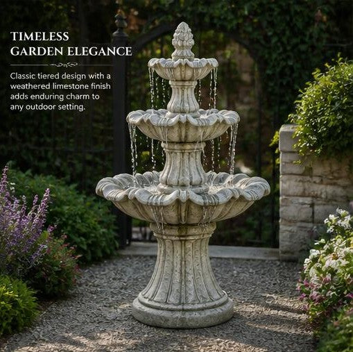 Vasa 52 in (132 cm) Three-Tier StoneCast Garden Fountain with Recirculating Pump, Limestone Grey