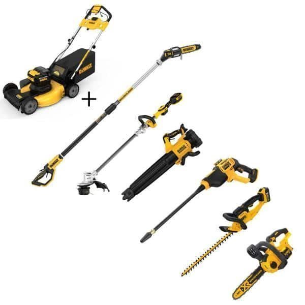 DEWALT 2x20V MAX 21.5 in (55 cm) Cordless Self-Propelled Mower Combo with Trimmer, Blower, Hedge Trimmer, Pole Saw and Chainsaw