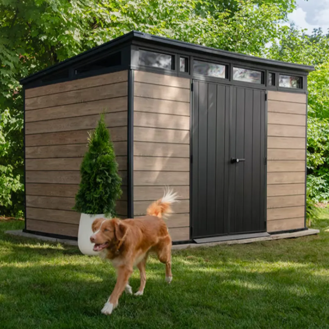 Keter Signature Collection shed in Ashwood in a green backyard