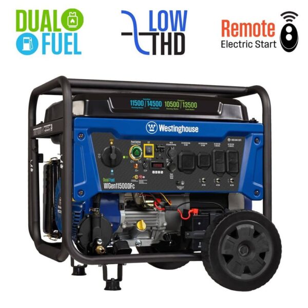 Westinghouse WGen11500DFc Dual Fuel Portable Generator, 14,500/11,500 Watts, Remote Electric Start, Low THD, 50A Outlet, CO Sensor